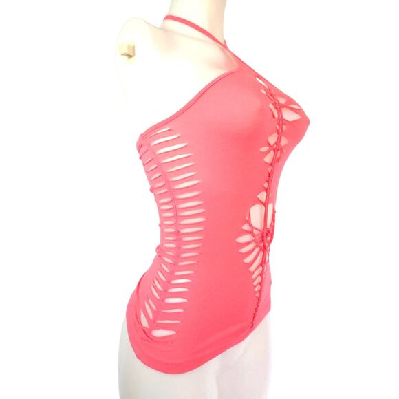 ROSE WEB - SMALL - Coral Halter Top with Cut and Weaved Front, Sides, and Back - Picture 5 of 5